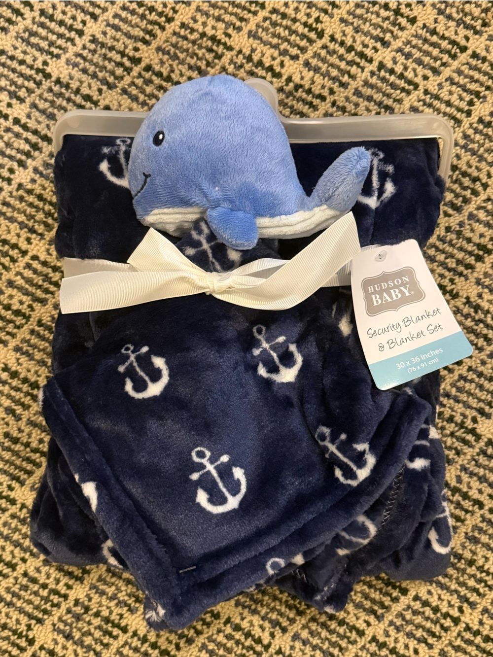 Hudson Baby Navy and White Anchor Plush Blanket with Blue Whale Lovey Toy, NWT